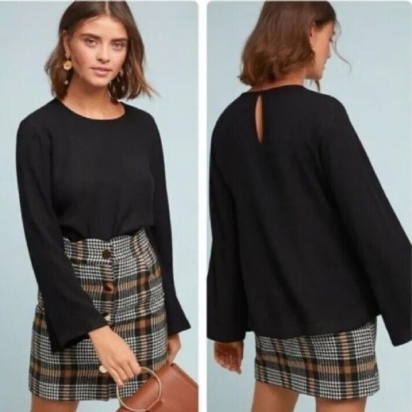 Anthropologie Tops - Anthropologie Cloth & Stone Black Blouse Long Sleeve Bell Statement Wide Scoop